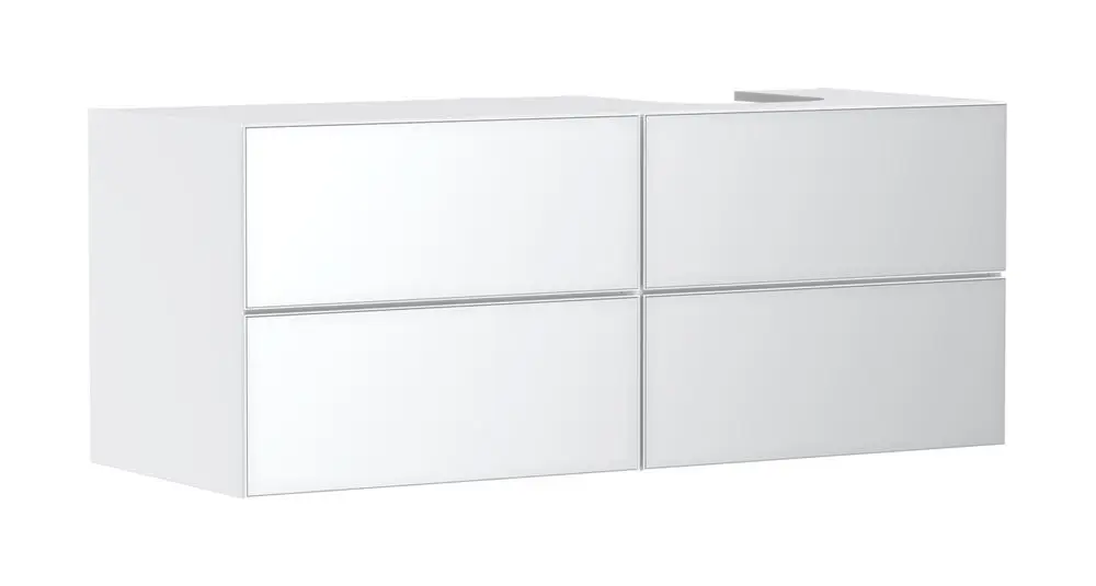 Weißer Unterschrank mit vier Schubkästen, geeignet für einen Waschtisch. Die Oberfläche ist matt und in einem schlichten Design gehalten. Marke: Hansgrohe.
